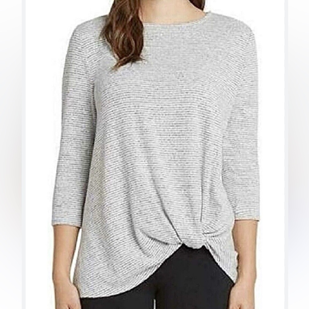 Gibson Cozy Twist Front Pullover in grey/ivory mini stripes, Size XS